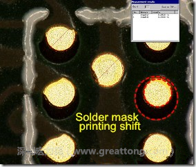 電路板BGA下面的防焊層印刷偏移，造成焊墊大小不一致。