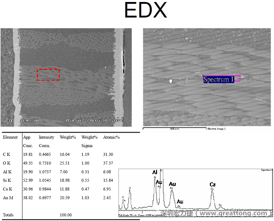 ACF(Conductive Anodic Filament，導墊性細絲物，陽極性玻璃纖維絲漏電現象)。用EDX打出來Au(金)的元素介于通孔與盲孔之間第一個位置。
