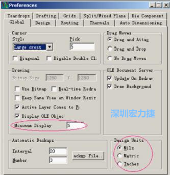 改單位Global→Design Units；改最小顯示線寬Global→Drawing