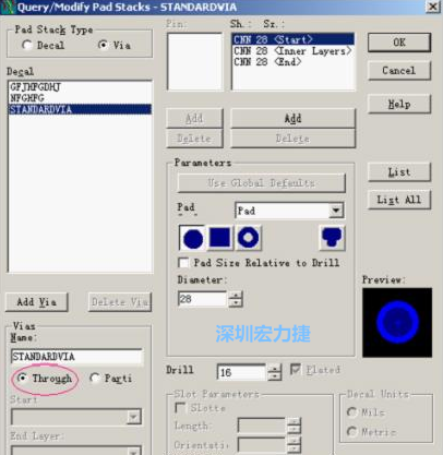 分析文件完成后，點擊菜單Setup→Pad Stacks調出焊盤堆設置窗口，將Pad Stack Type改為Via